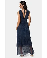 bebe Women's Tiered Plunge Neck Lurex Midi Dress