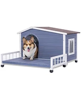 Large Wooden Dog House Indoor Outdoor with Terrace and Open Waterproof Asphalt Roof for Small and Medium Dogs