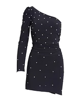 Women's Rhinestone Encrusted One Shoulder Long Sleeve Mini Dress