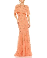 Mac Duggal Women's Embellished Illusion Cape Sleeve Trumpet Gown