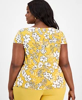 Kasper Plus Printed Cowlneck Cap-Sleeve Top