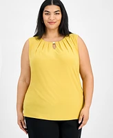 Kasper Plus Sleeveless Pleated Keyhole Blouse