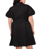 Msk Plus Cotton Puff-Sleeve Belted Shirtdress