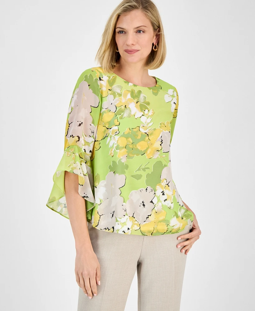 Kasper Women's Printed Ruffled Bell-Sleeve Top