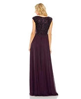 Women's Appliqued Cap Sleeve Bodice Flowy Gown