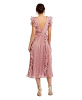 Women's Pleated Chiffon V Neck Ruffle Midi Dress