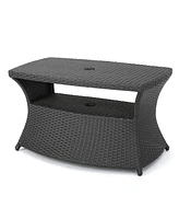 All-in-One Outdoor Side Table with Umbrella Hole and Storage Shelf