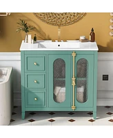 36-inch Bathroom Vanity with 2 Soft Close Doors, Solid Wood Frame Modern Bathroom Storage Cabinet with 3 Drawers