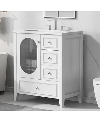 30" Bathroom Vanity with Sink, Bathroom Vanity Cabinet with Three Drawers and Door, Solid Wood and Mdf, White