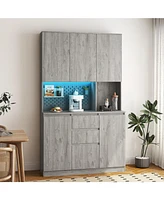 74" Freestanding Kitchen Pantry Cabinet with Charging Station, Led Lights