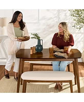 Best Choice Products 3-Piece Mid-Century Modern Upholstered Wooden Dining Set w/ 2 Bench Seats - Walnut/Cream
