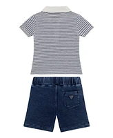 Guess Baby Boys 2-Piece Yarn Dye Piquet Polo and Knit Denim Short Set