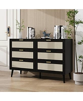 Rattan 6 Drawer Dresser Modern Closet Dressers Chest of Drawers Storage Cabinet with Drawers Entryway Cabinet for Living Room, Black