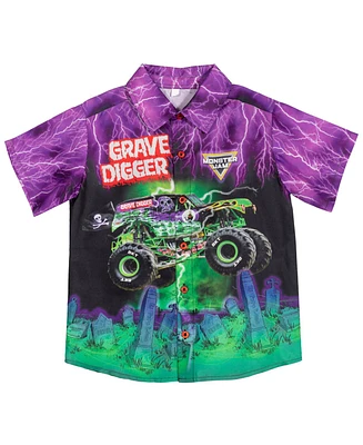 Monster Jam Boys Grave Digger Hawaiian Button Down Dress Shirt