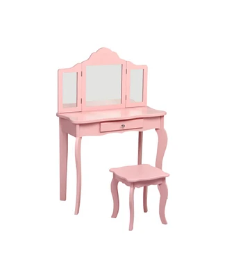 Kids Makeup Dressing Mirror Vanity Table Stool Set