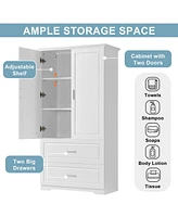 Tall Bathroom Storage Cabinet, Cabinet with Two Doors and Drawers, Adjustable Shelf, Mdf Board, White