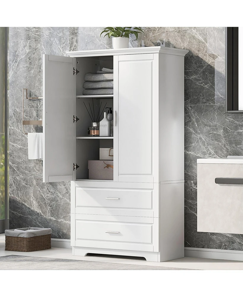 Tall Bathroom Storage Cabinet, Cabinet with Two Doors and Drawers, Adjustable Shelf, Mdf Board, White