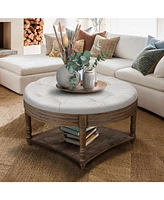 Round Waterproof Ottoman Table: Tufted Storage Coffee Table with Shelf