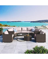 9-Pieces Outdoor Half-moon Patio Sofa Set, Round Sofa Set, Modern Style Sofa, Brown Wicker, Beige Cushion