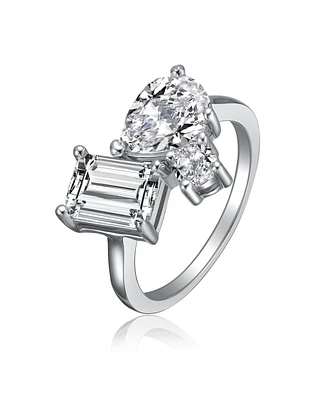 Sterling Silver White Gold Plated with Clear Cubic Zirconia 3-Stone Ring