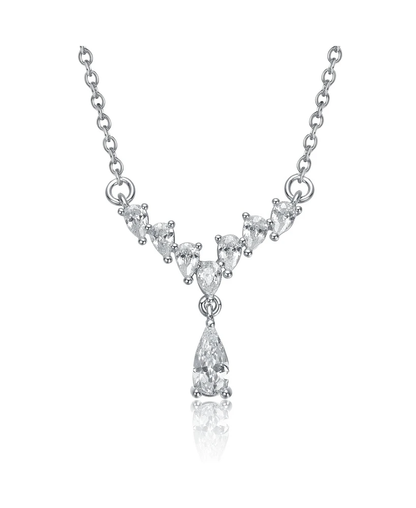 Sterling Silver White Gold Plated with Clear Graduated Cubic Zirconia Y-Necklace
