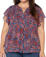 Liverpool Plus Printed Split-Neck Flutter-Sleeve Blouse