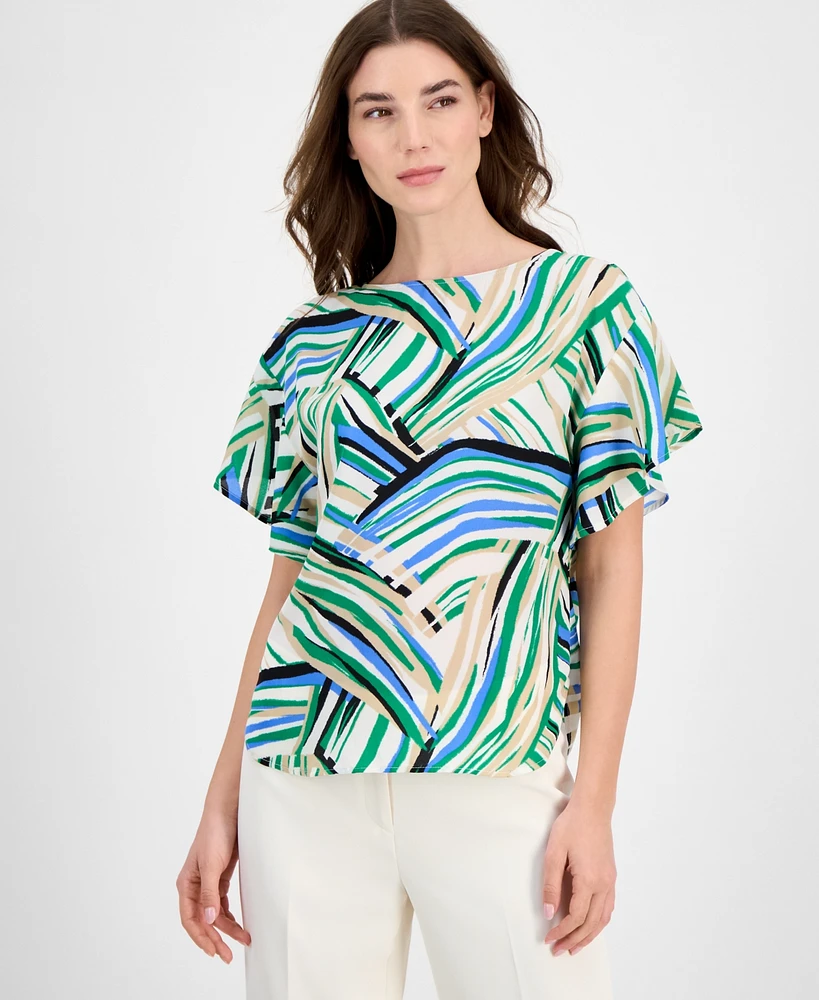 Anne Klein Petite Printed Flutter-Sleeve Top