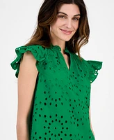 Anne Klein Women's Cotton Flutter-Sleeve Eyelet Blouse