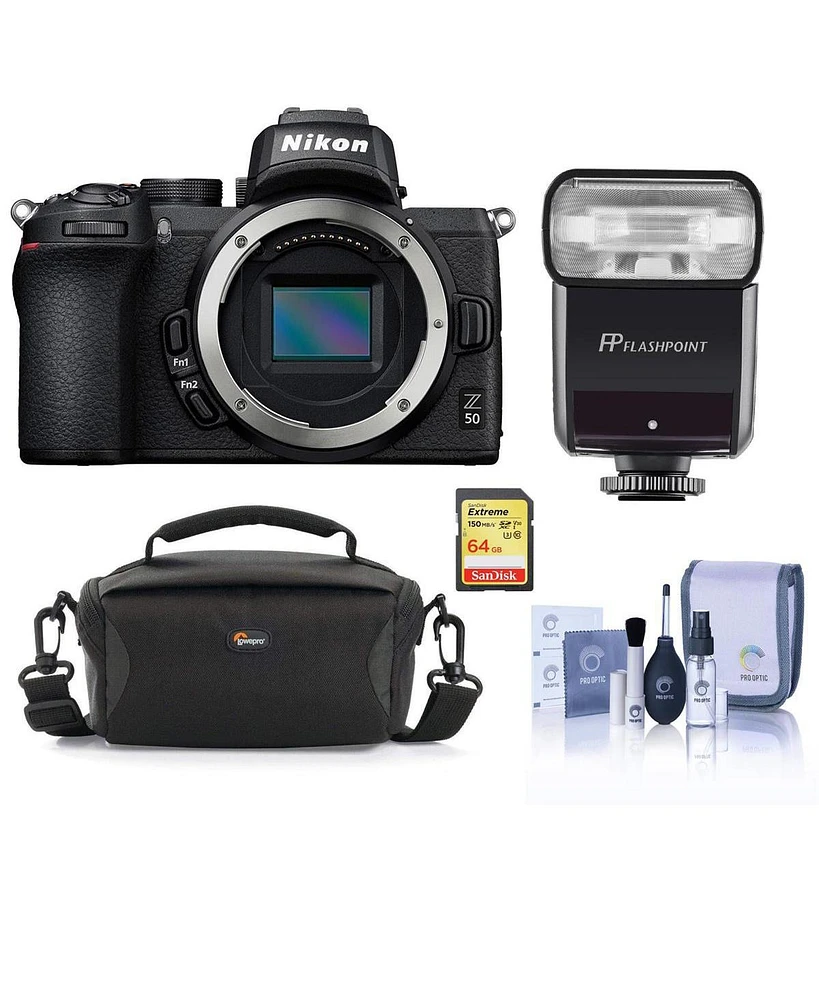 Nikon Nikon Z 50 Dx-format Mirrorless Camera Body Only Flash Bundle with Flashpoint Ttl Flash, Case, 64GB Sd Card, Cleaning Kit