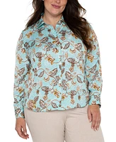 Liverpool Plus Floral-Print Woven Button Blouse