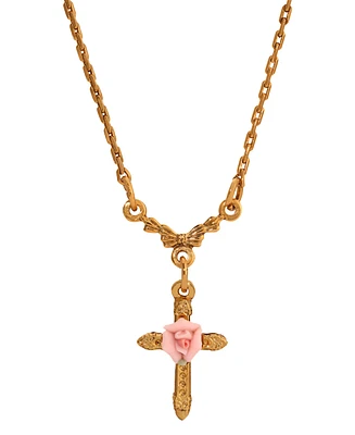 2028 Pink Porcelain Rose Cross Necklace