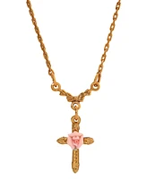 2028 Pink Porcelain Rose Cross Necklace