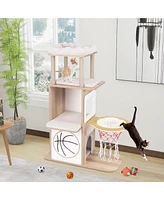 Cat Tree with 2-Story Condo, Basketball Hoop & Hammock Fun Multi-Level Play Tower for Cats