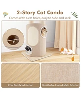 Wooden Cat Tower Tree with 2-Story Condo & Washable Cushions Stylish & Cozy Multi-Level Cat Furniture