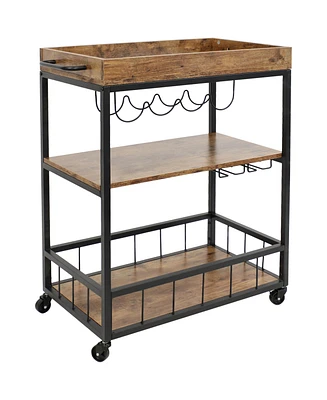 35-Inch 3-Tier Industrial Rolling Bar Cart for the Home - Wine and Glass Rack