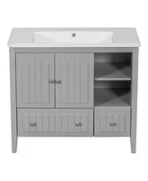 36" Grey Vanity Cabinet with Ceramic Sink and Storage