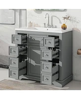 36" Bathroom Vanity with Sink Combo, One Cabinet and Six Drawers, Solid Wood and Mdf Board, Grey