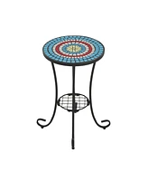 Patio Side Table with Shelf,Blue+Black