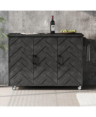 3D Wave Stripes Kitchen Island with Drop Leaf (Black)