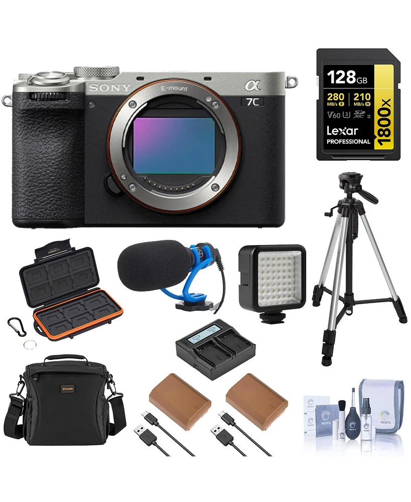 Sony Alpha a7C Ii Mirrorless Camera, Silver, Bundle with 2x Np-FZ100 Battery, 128GB Memory Card and Shotgun Microphone