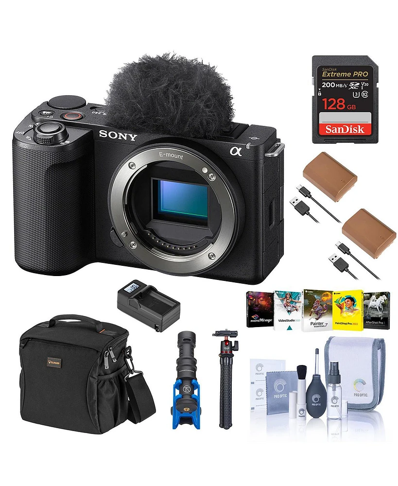 Sony Alpha Zv-E10 Ii Mirrorless Camera, Black, Bundle with 128GB Memory Card, 2x Battery, Charger Base, Microphone, Mt-11 Tripod and Pc Software Licen