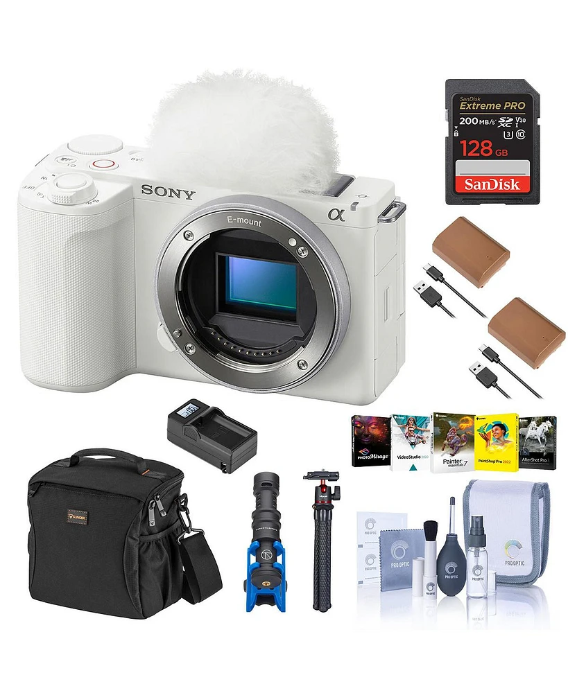 Sony Alpha Zv-E10 Ii Mirrorless Camera, White, Bundle with 128GB Memory Card, 2x Battery, Charger Base, Microphone, Mt-11 Tripod and Pc Software Licen