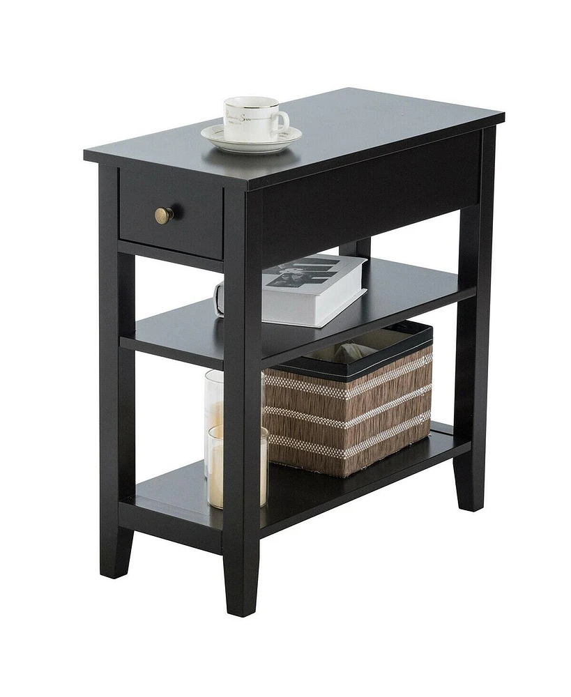 Gymax 3 Tier Nightstand Bedside Table Sofa Side End Table w/Double Shelves Drawer