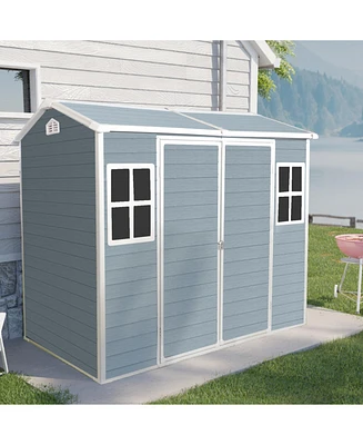 8x4ft Resin Outdoor Storage Shed with Two-Window and Double-Door,Plastic Shed with Floor for Gargen,Patio,Yard,Lawn,Grey