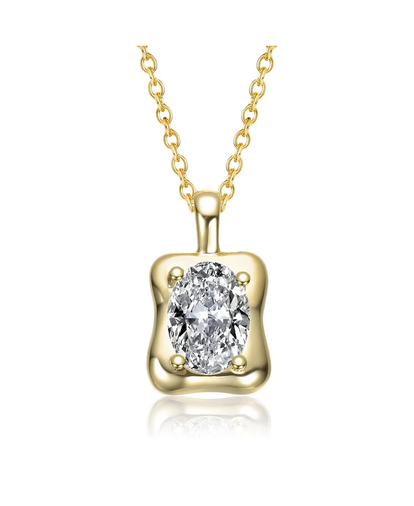 Sterling Silver 14K Gold Plated with Clear Cubic Zirconia Wavey Square Pendant Necklace