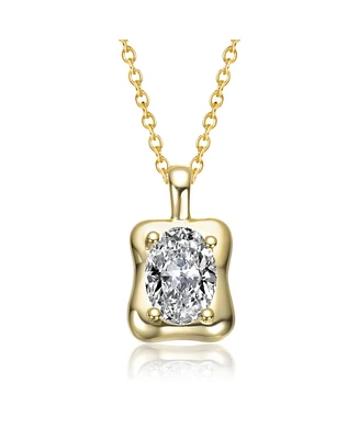 Sterling Silver 14K Gold Plated with Clear Cubic Zirconia Wavey Square Pendant Necklace