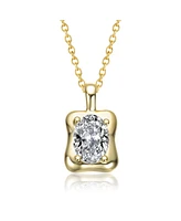 Sterling Silver 14K Gold Plated with Clear Cubic Zirconia Wavey Square Pendant Necklace