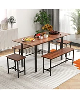 5 Piece Dining Table Set for 4-6 with 2 Benches & 2 Stools for Kitchen Dining Room