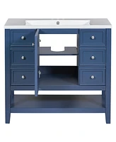 36" Bathroom Vanity with Sink Combo, One Cabinet and Three Drawers, Solid Wood and Mdf Board, Blue