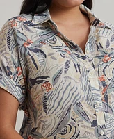 Lauren Ralph Plus Relaxed-Fit Print Short-Sleeve Linen Shirt